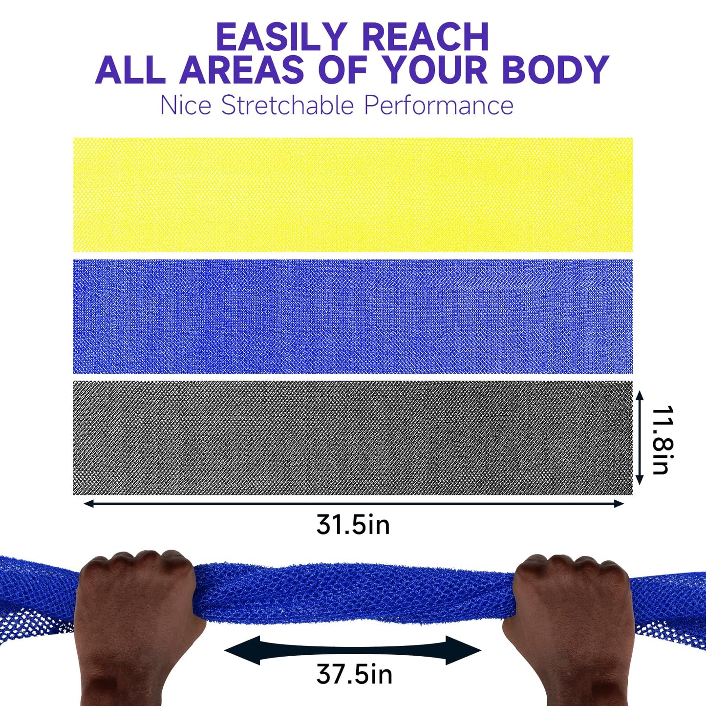 Metene 3 Pieces African Exfoliating Net, Colorful African Net Cloth, Long African Net Sponge Body Scrubber for Use in Shower, Bath Shower Wash Cloth for Skin Smoother Daily Use (Yellow,Blue,Black)
