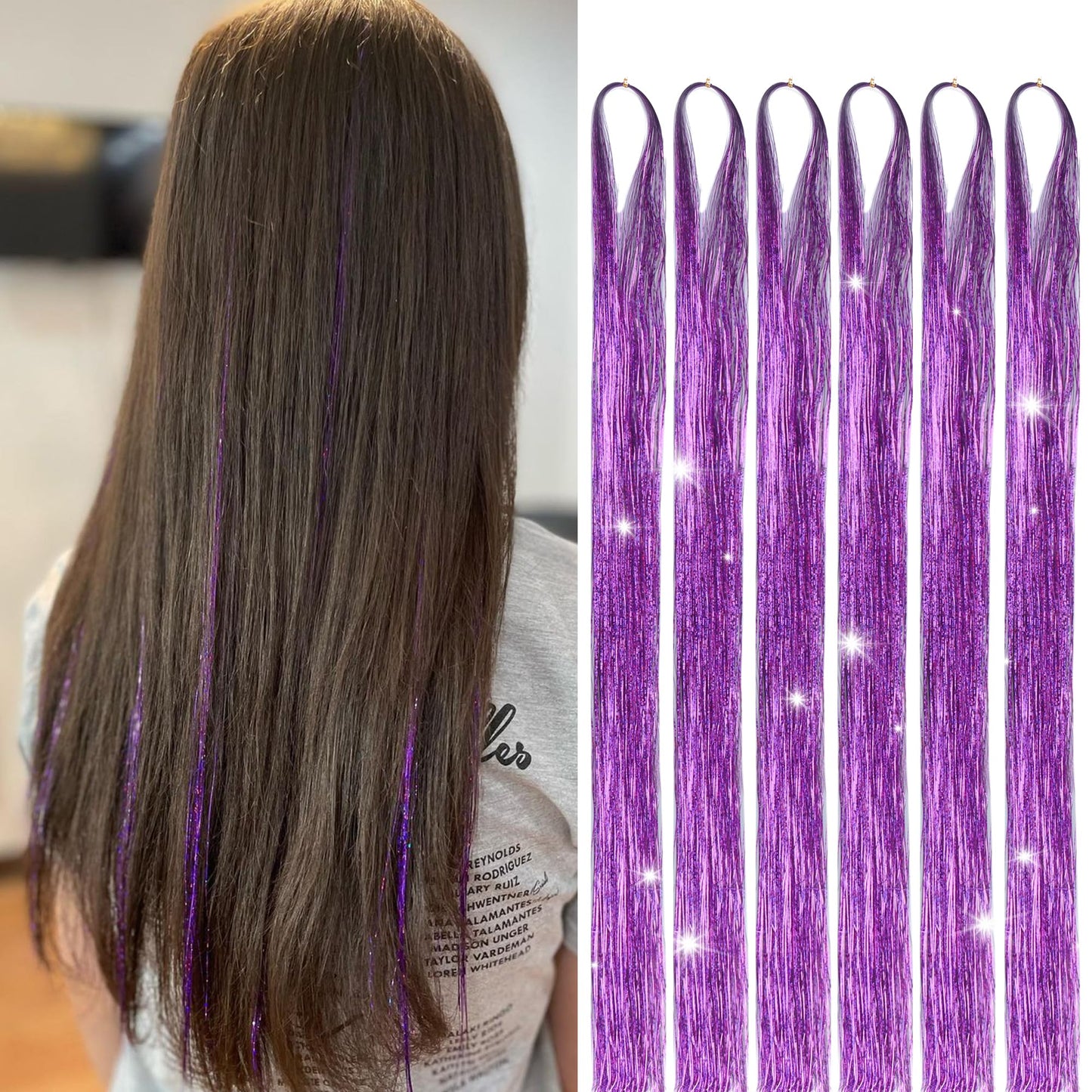 GOO GOO Hair Tinsel Extension, 1200 Strands of 48 Inch, 6 pcs Heat Resistant Glitter Highlights for Hair, Sparkling Glitter Strands for Women & Girls, Ideal for Christmas & Cosplay Parties (Purple)