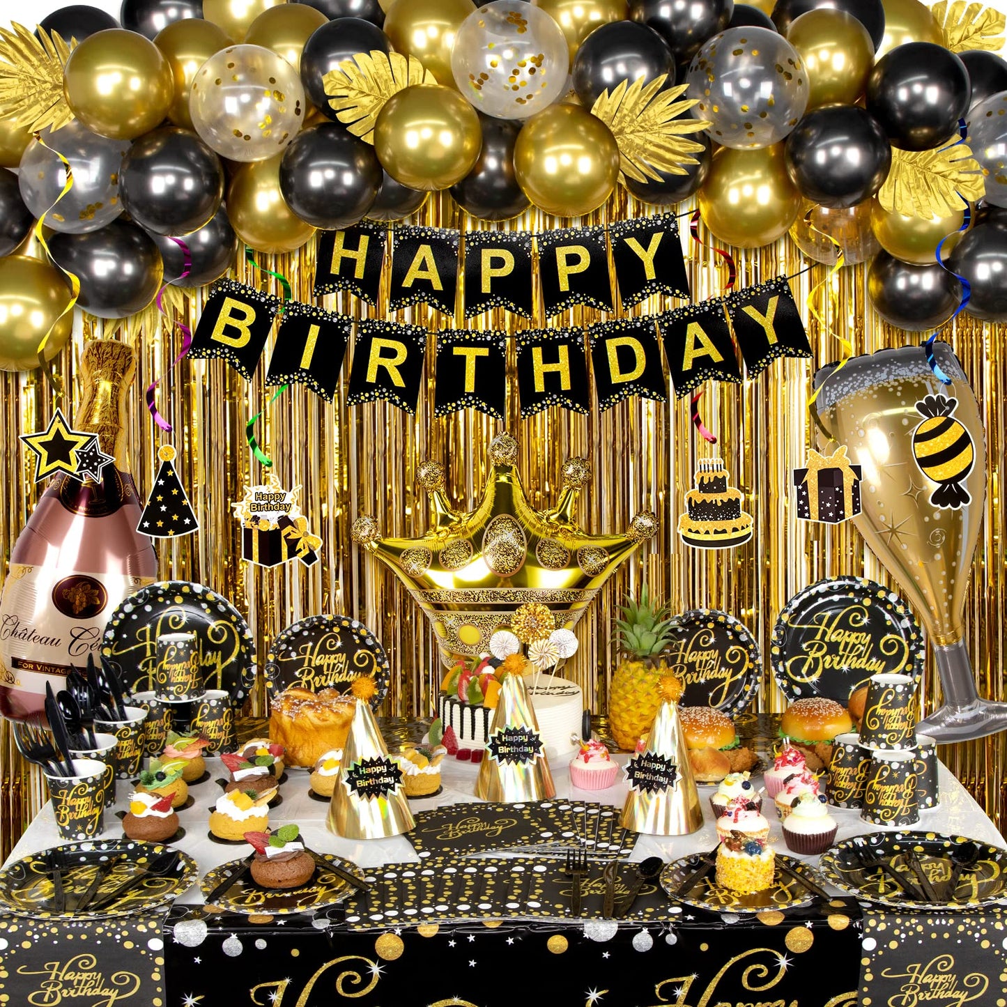 HJINGY Black and Gold Birthday Party Decorations, Happy Birthday Party Supplies for Men Women Includes Balloons, Curtains, Banner, Hanging Swirls, Tablecloth, Plates, Cake Toppers for Party