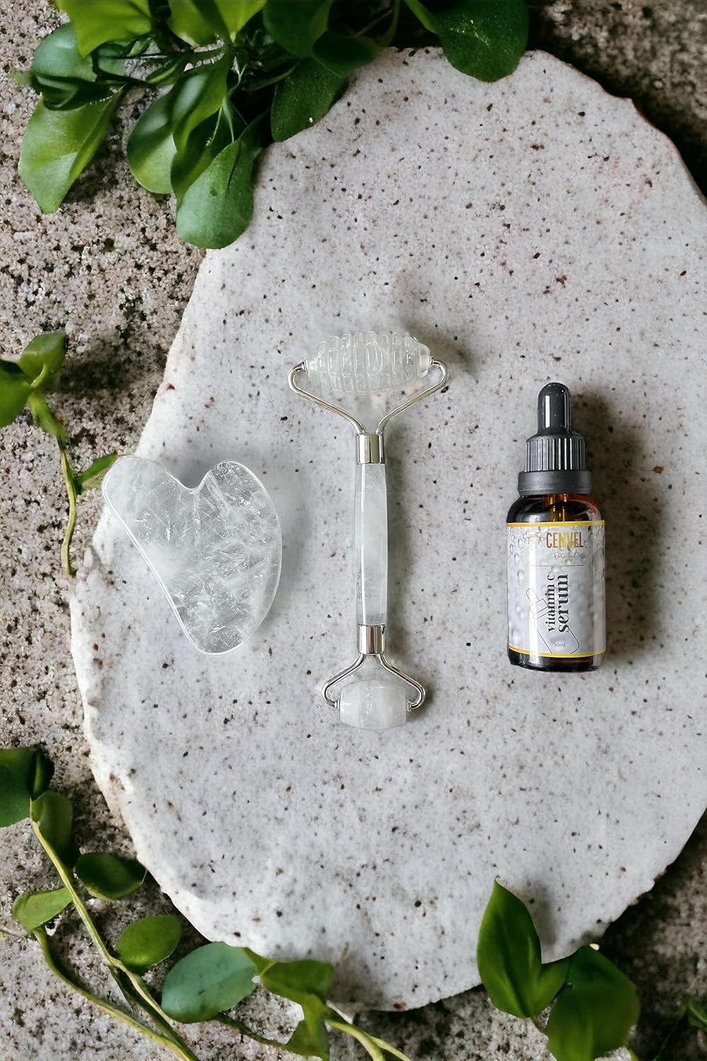 100% Real Crystal Jade Stone Roller and Gua Sha Set with Vitamin C Serum | Great for Eye Puffiness Treatment, Skin Tightening, Anti Aging, Rejuvenate Face & Neck | Great Gift for Women & Men (Crystal)