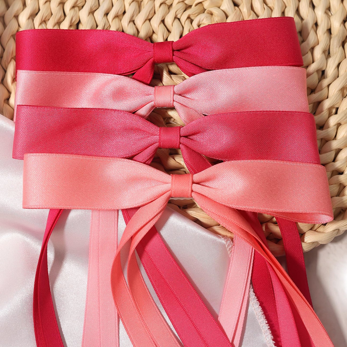 LFOUVRE Hair Accessories, Pink Ribbon Bows with Long Tassels for Hair, Hair Clips for Women and Girls, 4pcs