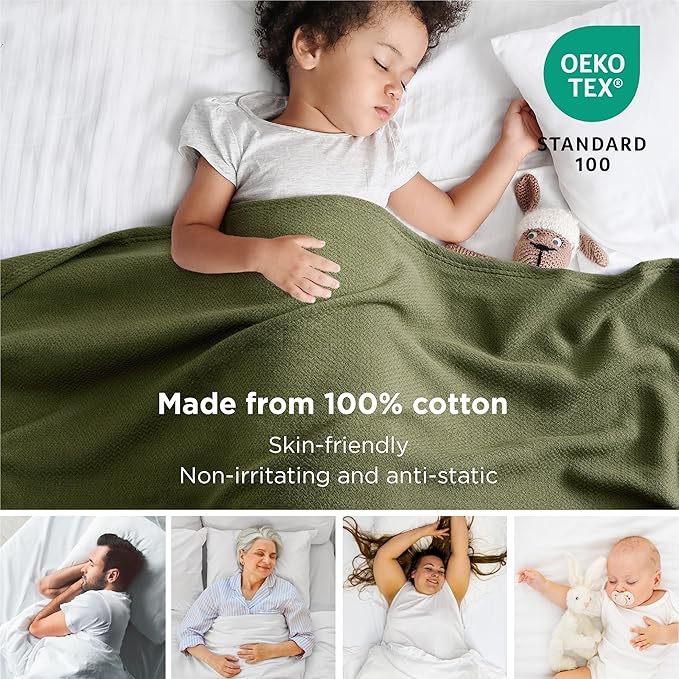 Bedsure 100% Cotton Blanket Queen Size for Bed - Breathable and Lightweight, Soft Cozy Textured Herringbone Woven Blanket for Summer Spring, Olive Green, 90x90 inches