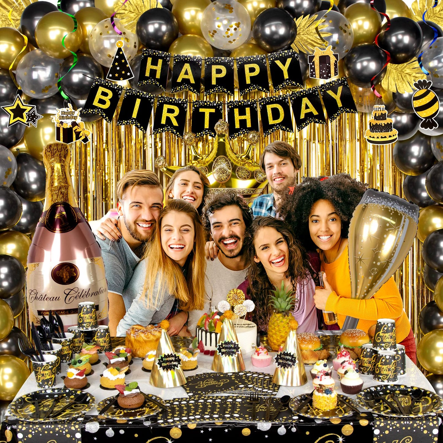 HJINGY Black and Gold Birthday Party Decorations, Happy Birthday Party Supplies for Men Women Includes Balloons, Curtains, Banner, Hanging Swirls, Tablecloth, Plates, Cake Toppers for Party