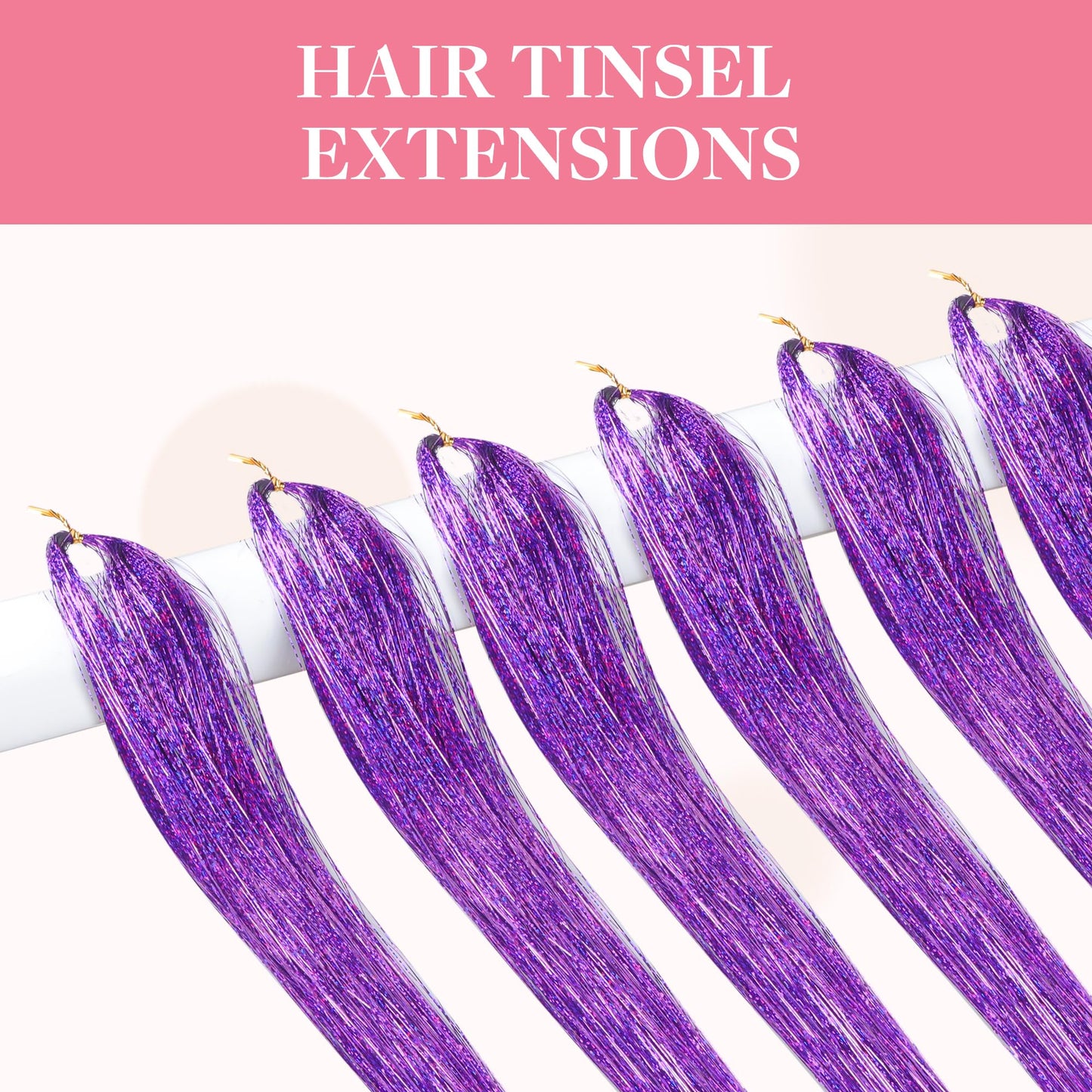 GOO GOO Hair Tinsel Extension, 1200 Strands of 48 Inch, 6 pcs Heat Resistant Glitter Highlights for Hair, Sparkling Glitter Strands for Women & Girls, Ideal for Christmas & Cosplay Parties (Purple)