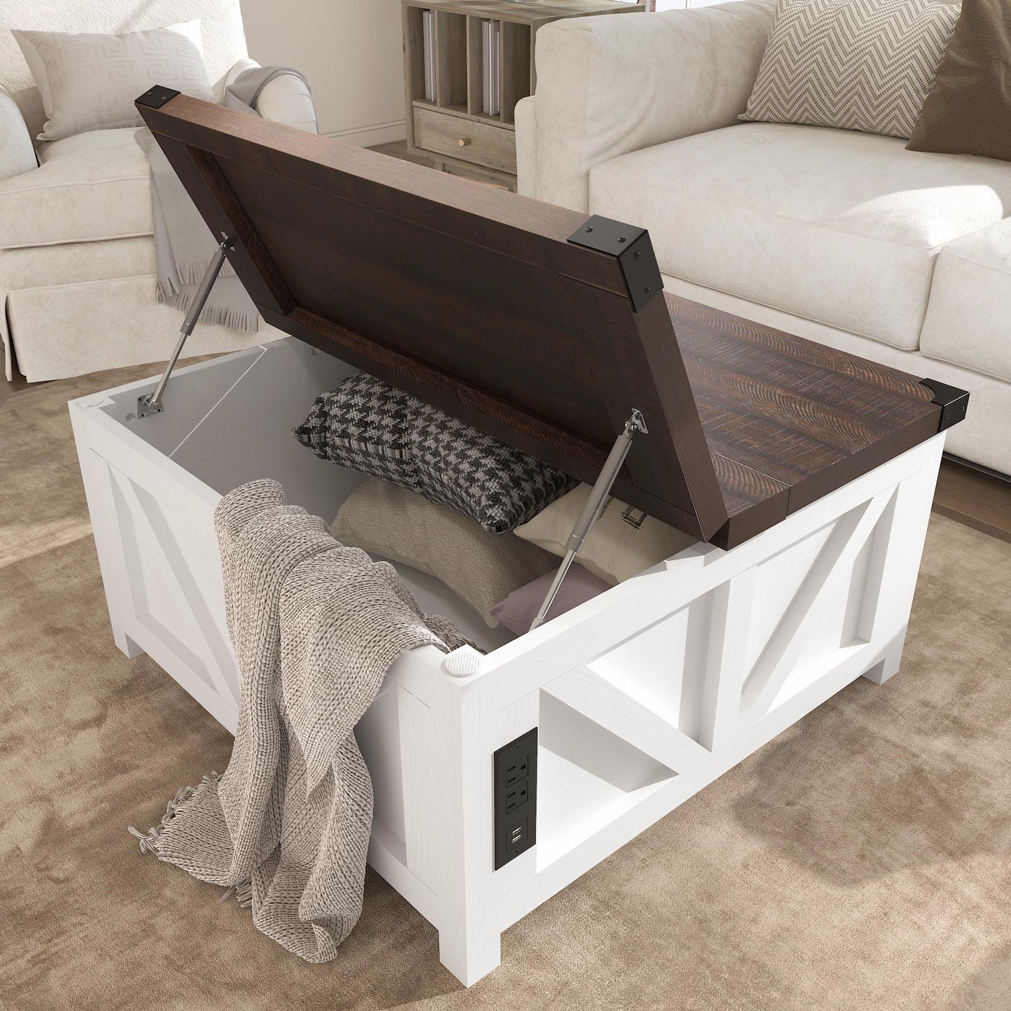 jimeimen Farmhouse Lift Top Coffee Table with Storage, Wood Square Center Table with Charging Station&USB Port, Living Room Table w/Large Hidden Space, for Living Room, Bedroom, Home Office, White