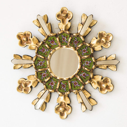 Decorative Green Round Mirror 7.8in for wall home decorations | Peruvian painting on glass Accent Wall Mirror living room decor