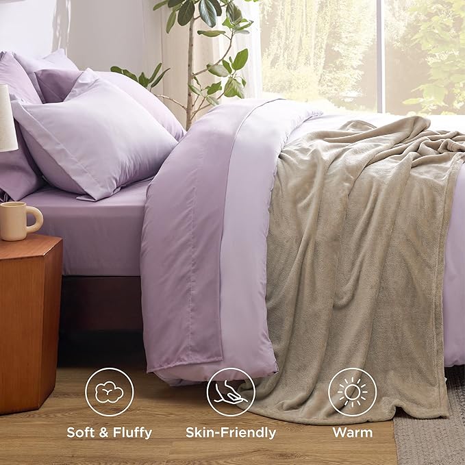 Bedsure Queen Comforter Set Grayish Purple, 8 Pieces Prewashed Queen Size Bed in a Bag with Soft Fleece Bed Blanket, Down Alternative Bedding Set for All Seasons, Sheets, Pillowcases & Shams