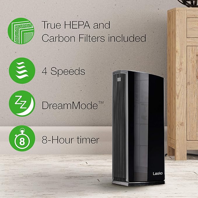 Lasko LP450 Premium HEPA Tower Air Purifier for Home with DreamMode and Timer – True HEPA Filtration Removes 99.97% of Smoke, VOCs, Odors, Pet Dander, Virus Sized Particles, Pollen, Dust and Mold