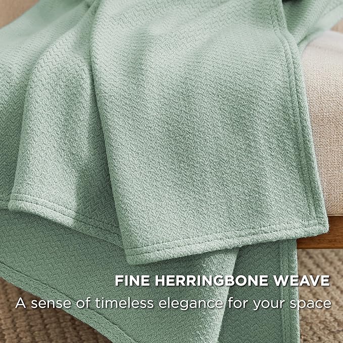 Bedsure 100% Cotton Blanket Twin XL Size for Bed - Breathable and Lightweight, Soft Cozy Textured Herringbone Woven Blanket for Summer Spring, Sage Green, 66x90 inches