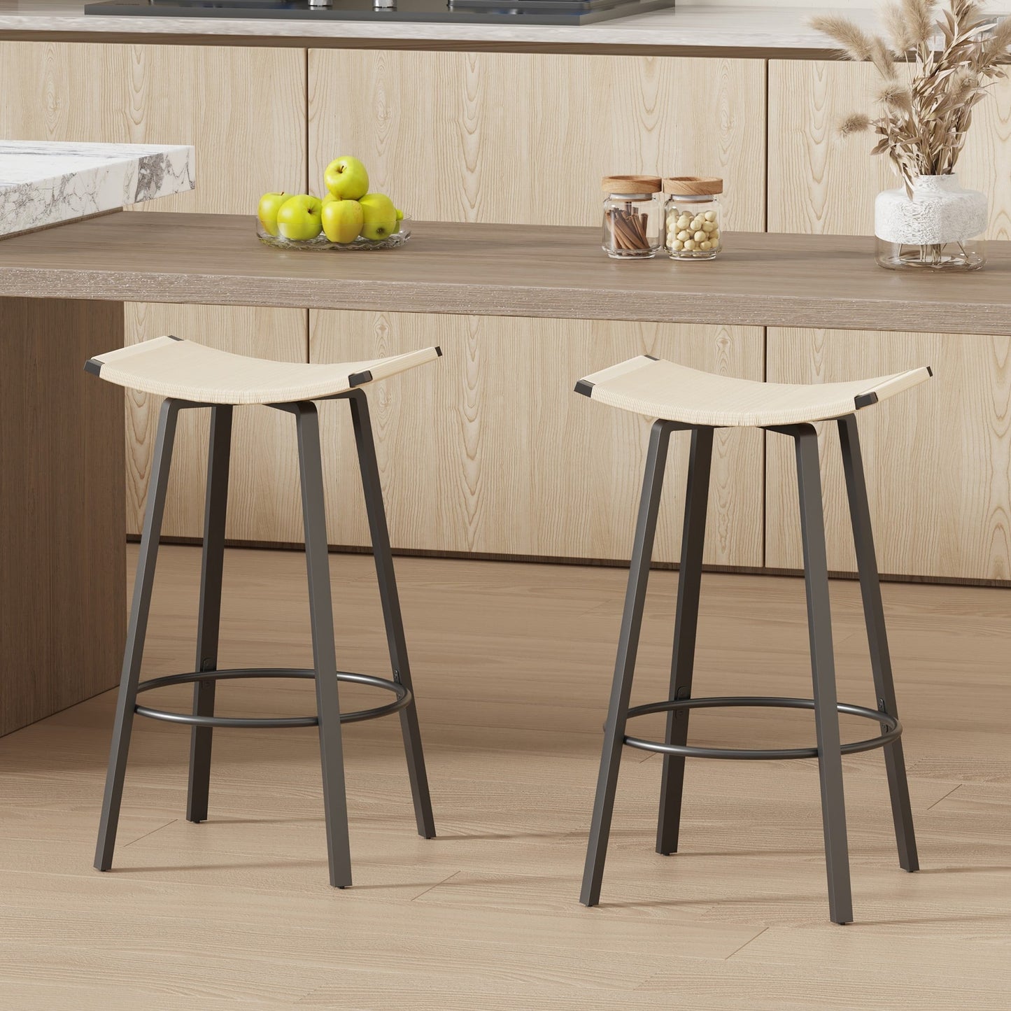 Set of 2 Counter Height Bar Stools Backless Handwoven Kitchen Dining Chairs with Round Footrest PVC Weaving Pub Stool for Indoor & Outdoor (White)