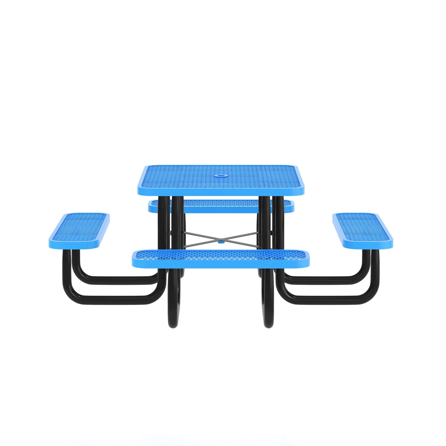 Flash Furniture 46" Square Outdoor Picnic Table with Commercial Heavy Gauge Expanded Metal Mesh Seats and Top with Umbrella Hole and Ground Anchors, Blue