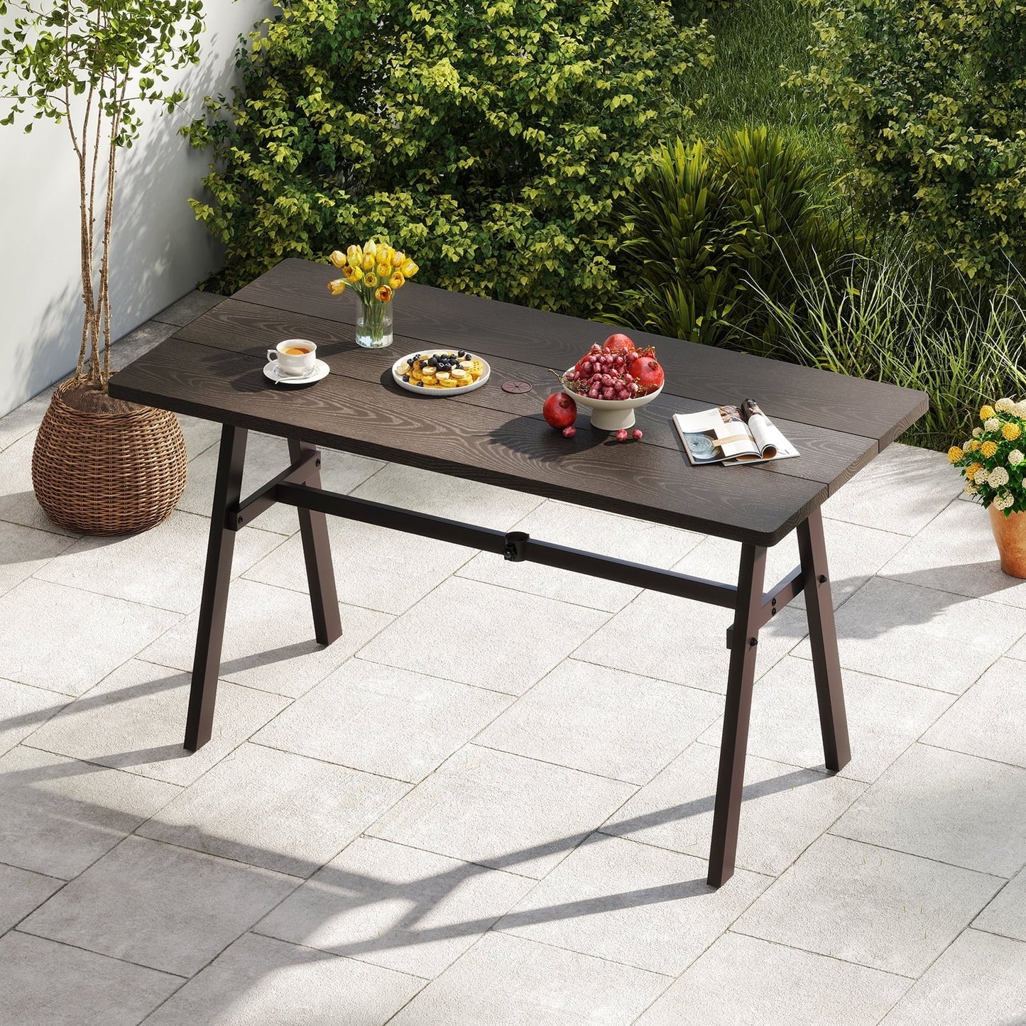 Gymax 59'' x 29.5'' Rectangle Rustproof Patio Dining Table w/ 1.93'' Umbrella Hole